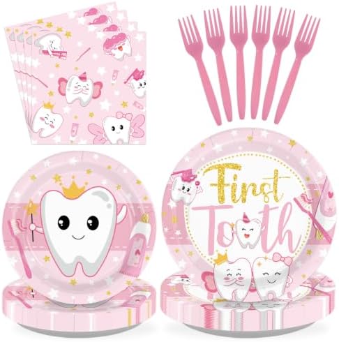 96Pcs First Tooth Themed Party Decoration for Girls, Serves 24 by Greencian