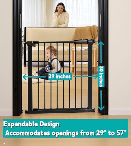 30.47"-32.64" Baby and Pet Safety Gate, 30" Tall Metal Walk-Thru Gate for Doorways & Stairs, Easy One-Hand Open, Dual Lock (Black, 29" W x 30.5“H) - Image 2