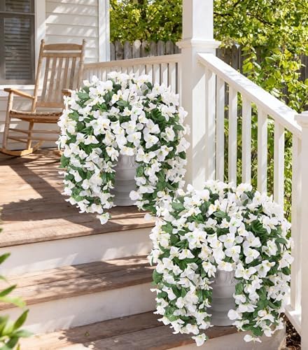 Faux Bougainvillea Artificial Flowers for Outdoors Fake Plants Outside Decoration, 2 PCS White Faux Flowers UV Resistant Look Real Silk Long Trailing Vines for Front Door Porch Planter Patio Garden - Image 2
