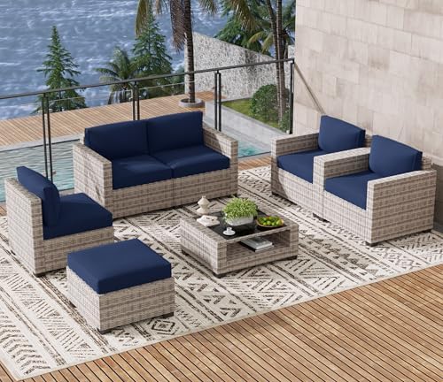 LOUVIXA 7 Piece Outdoor Patio Furniture Set, Rattan Chairs Glass Table Wicker Conversation Seating Sectional Sofa with Cushions (Grey White-Navy, 7Pcs-2 Layer Coffee Table) - Image 4