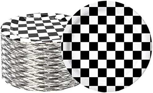 40 Pcs Black & White Checkered Party Supplies - Racing Themed Paper Plates, 7" Dessert Plates for Kids Sports Themed Race Car Birthday Party Decorations by HSPAIDYP