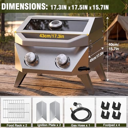 Bestfire 2-Burner Tabletop Gas Grill with Viewing Glass Lid, 20,000 BTU Stainless Steel Portable Propane BBQ Grill, Built-in Thermometer & Push-Button Ignition, for Outdoor Camping, RV, Tailgating - Image 2