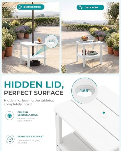 SERWALL Double Layer Adirondack Side Table with Umbrella Hole, HIPS Outdoor Side Table Rectangular End Tables for Patio, Poolside, Garden, White - Image 3