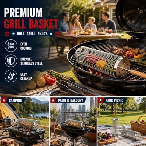 Rolling Grill Basket 2-Pack 304 Stainless Steel Net with Handle - Image 6