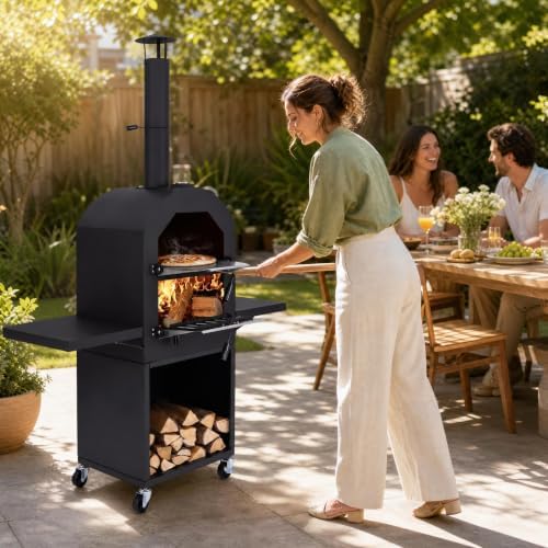 HAPPYGRILL Outdoor Wood Fired Pizza Oven w/Firewood Storage & Side Shelves - Image 2