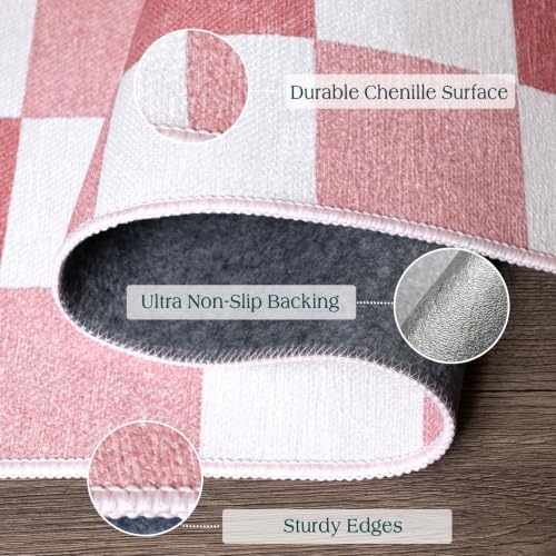 Front Door Mat Outside Entrance - 2x3 Cute Pink White Checkered Rug - Image 3