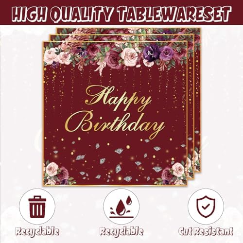 40pcs Red Happy birthday Supplies,include 20 Dessert plate and 20 Napkin,Red and Gold Party Plate Napkin Set,Used for Girls and women Party Decoration - Image 4