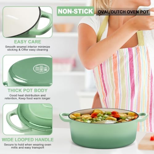 E-far 5QT Oval Dutch Oven Pot with Lid, Green Enameled Cast Iron Dutch Oven - Image 3