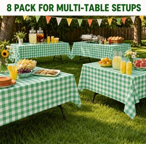 8 Pack Green Gingham Disposable Plastic Tablecloths, 54 x 108 Inch - Image 6