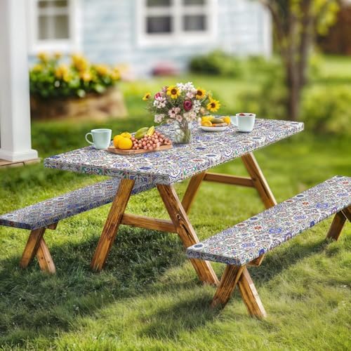 Picnic Table Cover with Bench Covers, Camping Essentials, Buffalo Plaid Waterproof Windproof Camping Tablecloth, Fitted Tablecloth Cover with Elastic Edge, for Garden & Outdoor, 3 PCS, 30x96 Inch - Image 3