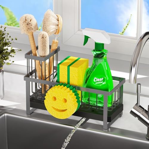 Sponge Holder for Kitchen Sink,Sink Caddy with Removable Dish Brush Holder,Self-Draining Kitchen Countertop Organizers and Storage Essentials,Soap Dispenser Organize and Home Decor-Gray - Image 5