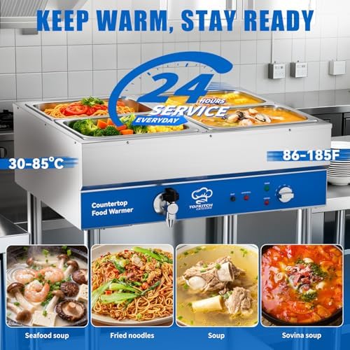 TOPKITCH ETL Listed 4-Pan Commercial Food Warmer, Electric Steam Table, 120V 1700W Stainless Steel Buffet Catering Food Warmer with Undershelf and Workspace, for Buffet,Parties and Restaurants. - Image 3
