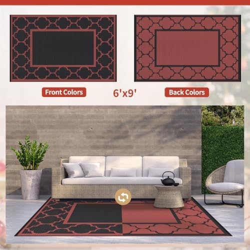 GENIMO Outdoor Rug, Waterproof Plastic Rugs for Patio, 6'x9' Black Red - Image 6