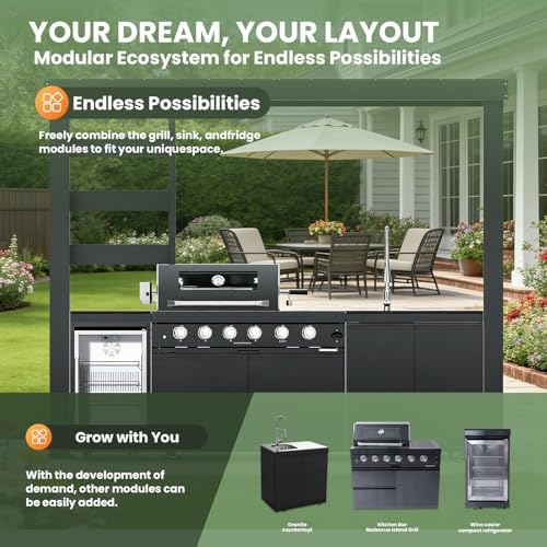 110" Outdoor Kitchen Island with 4-Burner 72000 BTU,Heavy-Duty Natural Gas Grill with Side Burner,Rotisserie Oven,Galvanized Steel Roof,Granite Countertops,Refrigerator,Storage,Sink.(Natural Gas) - Image 6