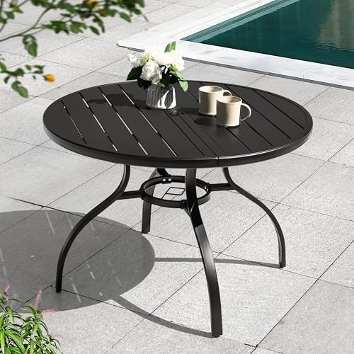 NUU GARDEN 41" Round Outdoor Patio Dining Table for 4, Slatted Metal Table with 1.57" Umbrella Hole and Adjustable Feet, All-Weather for Lawn, Garden and Backyard, Black - Image 3