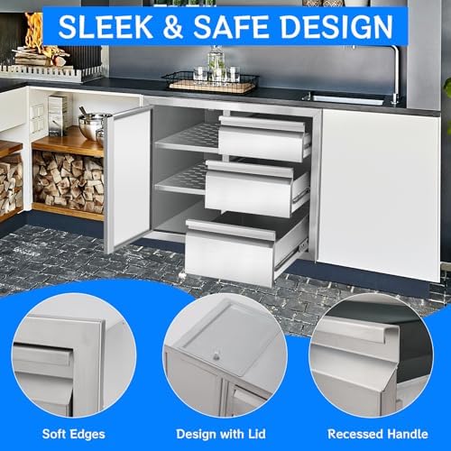 Outdoor Kitchen Drawer Combo Cabinet, Stainless Steel Triple Drawers with Integrated Access Door, 28" W x 22" H x 19.5" D Outdoor Built-in Cabinet for BBQ Island Grill Stations - Image 5