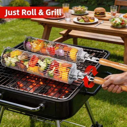 Rolling Grill Basket, SUS304 Stainless Steel, Removable Wooden Handle, Round Cylinder BBQ Grilling Basket, Outdoor Cooking Griller, Smoker Accessories for Vegetable, Gifts for Men Dad - Image 3