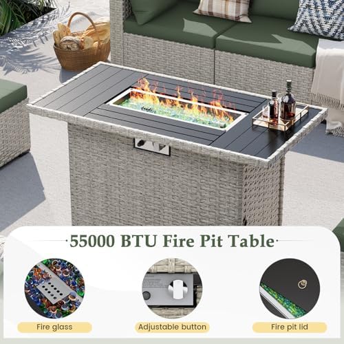 Outdoor Patio Furniture Set with Fire Pit 8 Pcs Wicker Sectional Sofa Green - Image 2