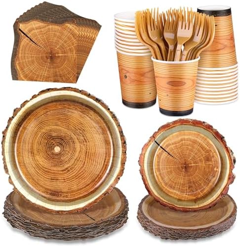 Kochorie 144 Pieces Rustic Wood Party Supplies, Wood Grain Slice Tableware Sets Including Disposable Paper Plates Napkins Cups Forks Serves 24 for Camping Birthday Forest Themed Party Decorations by Kochorie