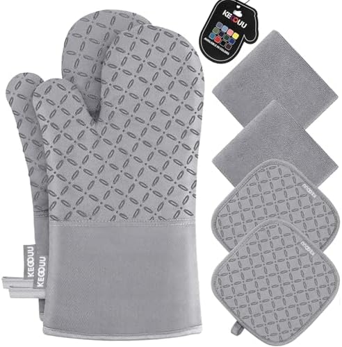 KEGOUU Oven Mitts and Pot Holders 6pcs Set, Kitchen Oven Glove High Heat Resistant 500 Degree Extra Long Oven Mitts and Potholder with Non-Slip Silicone Surface for Cooking (Light Gary) by KEGOUUOvenMitt