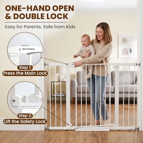 Mumeasy 29.7-48" Baby Gate for Stairs, Pressure Mounted Dog Gate for Doorways, Extra Wide Walk Thru Safety Pet Gate for Doors with Auto Close, Easy Install Child Gate for Hallway Indoor House, White - Image 5