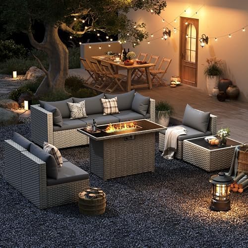 Outdoor Patio Furniture Set with Fire Pit 8 Pcs Wicker Sectional Sofa Grey - Image 2
