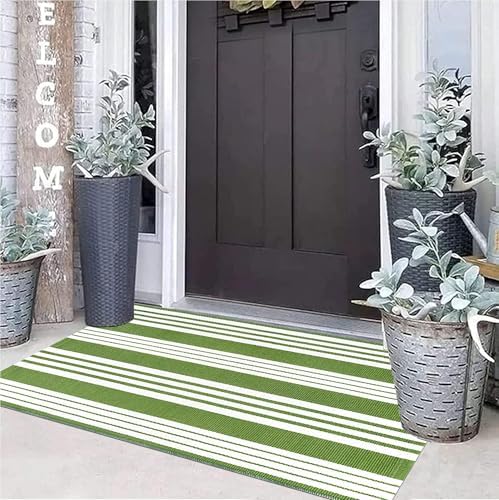 Green and White Outdoor Rug 24"x51"Washable Striped Layered Door Mat - Image 7