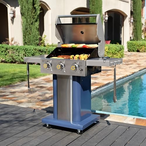 Permasteel 3-Burner Propane Gas Grill, 30,000 BTUs BBQ Grill with Cast Iron Grates, Foldable Side Tables & Tool Hooks, Outdoor Grill, Azure - Image 6