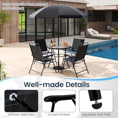 Tangkula 6 Pieces Patio Dining Set with Umbrella, Outdoor Table and Folding Chairs Set with 4 Armchairs and Round Tempered Glass Table for Garden, Deck, Lawn and Backyard (Black) - Image 7