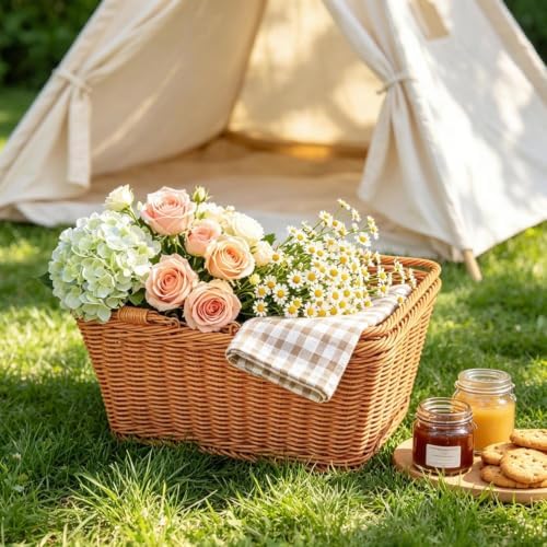 Large Poly Wicker Picnic Basket Set of 2, Handmade Woven Baskets - Image 6