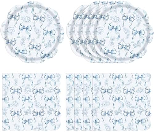 Blue Floral Plates,40pcs Blue Bow Disposable Paper Plates and Napkins Set includes Scalloped Blue White Floral Paper Plate & Napkins for Bridal Shower, Tea Party, Wedding & Birthday by Actoridae
