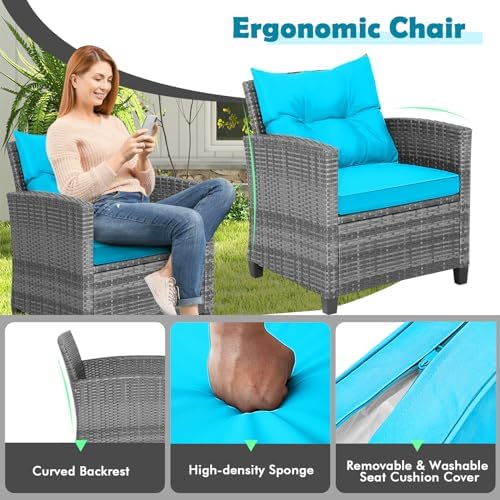 Tangkula 3 Pieces Patio Furniture Set, Outdoor PE Rattan Conversation Chair Set with Tempered Glass Side Table and Removable Cushions, PE Wicker Chairs and Table Set for Porch, Balcony and Garden - Image 4