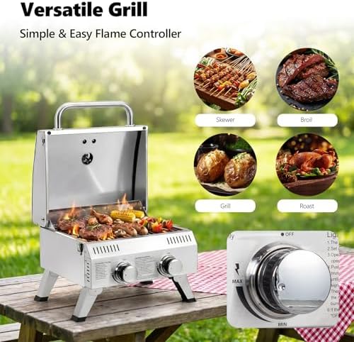 Bonnlo 2 Burner Portable Gas Grill, 20,000 BTU Tabletop Camping Grill with Ignition & Lockable Lid, Stainless Steel Propane Grill with Foldable Legs & Thermometer for Outdoor Patio BBQ RV Use - Image 5
