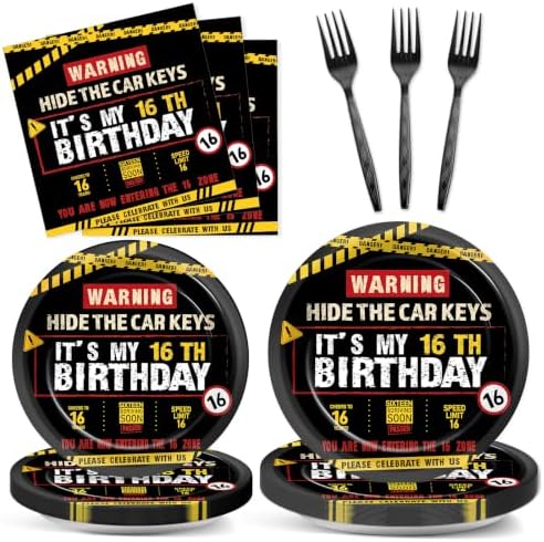 96 PCS Caution Logos 16th Birthday Party Paper Plates and Napkins 16 Years Old Party Decor Warning Sign Themed Teens 16th Dinnerware for Boys Girls 16 Years Old Birthday Gatherings Decorations by Oitnlaughter