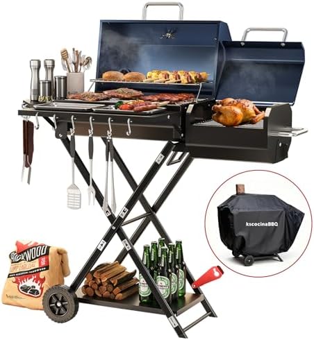 Portable Charcoal Grill with Smoking Function, Foldable Suitcase Design with Wheels, Multi-Tier Storage Rack & Waterproof Cover for Outdoor BBQ Parties (Blue) by Unknown