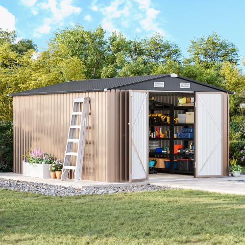 MXV 12 x 10FT Outdoor Storage Shed, Metal Garden Shed with Windows, Double Lockable Doors & Sloped Roof, Waterproof Tool Sheds for Backyard Garden Patio Lawn, Brown by Unknown