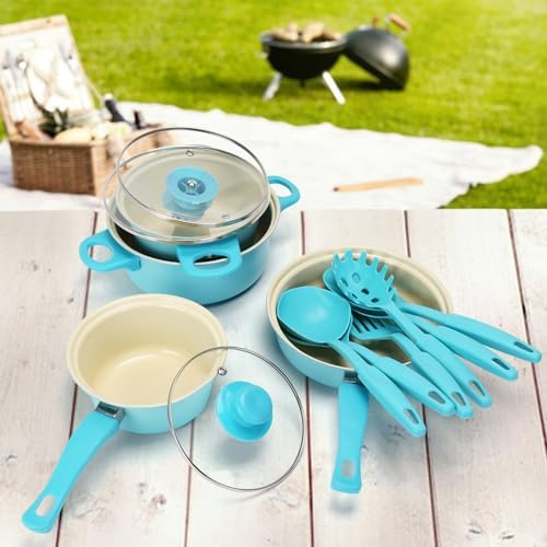 Non-Stick Cookware Set, 13 Piece Set Portable Lightweight Cast Iron Pots and Pans with Glass Lids and Nylon Utensils, Outdoor Camping Picnic Travel - Image 4