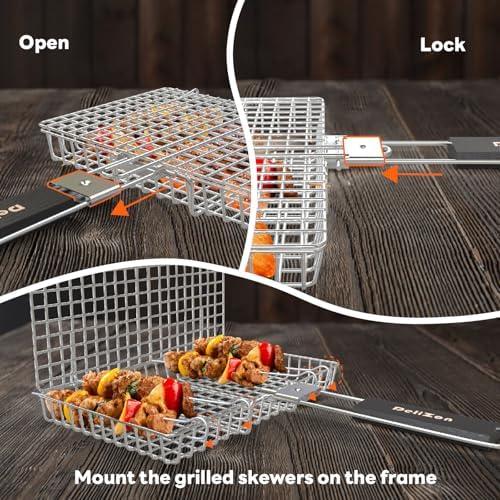 Grill Baskets Fish Grilling Rack for Outdoor Grill with Removable Handle, Come with Basting Brush Food Tongs & 5x BBQ Skewers - Image 3