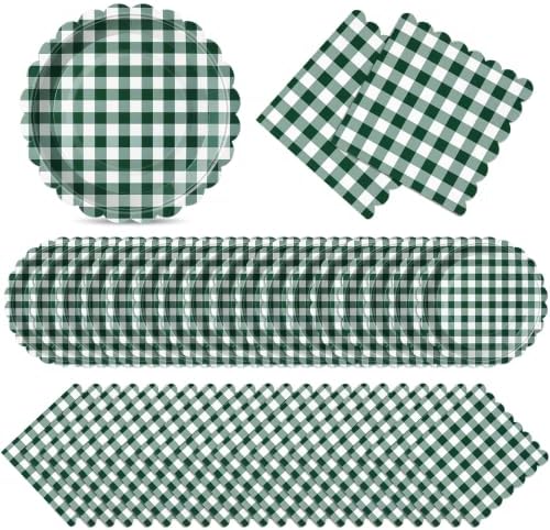 Roshtia 120 Pcs Dark Green Gingham Plates and Napkins,Forest Party Decor by Roshtia