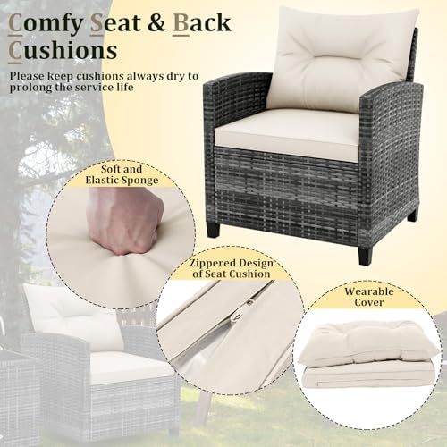 RELAX4LIFE 3 Piece Patio Furniture Set, Wicker Bistro Conversation Set w/2 Cushioned Armchairs & Glass Topped Table, Outdoor Rattan Sofa Set Patio Furniture for Porch Balcony Poolside (Grey-White) - Image 4