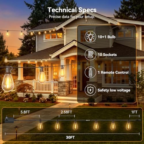 30FT Outdoor String Lights with Remote, Waterproof Patio Lights with 10+1 Shatterproof LED Bulbs,Dimmable Hanging Decor for Backyard Garden Porch Bistro, Timer & 3 Modes,2700K Warm White - Image 5