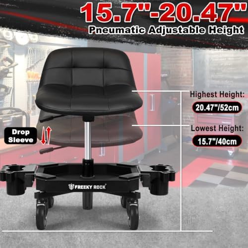 Rolling Stool with Wheels, Adjustable Height Pneumatic Garage Work Mechanic Stool Seat with Backrest, 400 LBS Capacity 360° Swivel Mechanic Crepper Chair with Tool Tray Storage, Black - Image 2