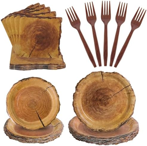 100 Pcs Disposable Rustic Wood Grain Slice Tableware Set for 25 Guests by COSINIA