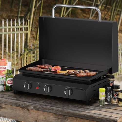 SKOK 23.3 Inch Flat Top Grill, Gas Griddle with Hood, Portable Tabletop Propane Gas Griddle Grill for Camping, Outdoor & Tailgating Barbecue, 45,000 BTU Output, 3 Burners - Image 6