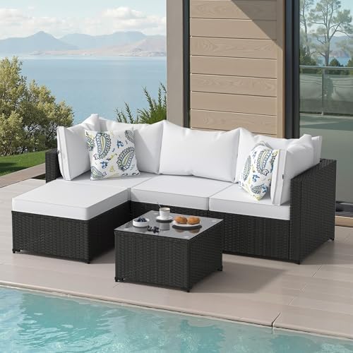 Patio Furniture Set, 5PCS Outdoor Sectional with Ottoman Wicker Rattan Patio Couch with Thickened Cushion Modular Wicker Patio Conversation Set with Glass Top Table for Balcony, Backyard (White) by PHONJOROO