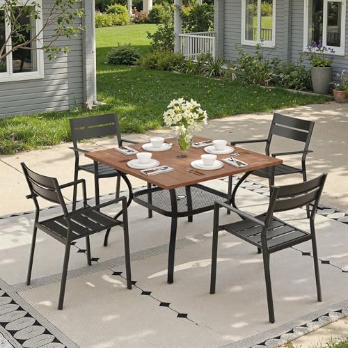 Outdoor Dining Table with Adjustable Umbrella Hole, 37.8" All-Weather Square Patio Dining Table for 4, Metal Patio Table for Garden Lawn Porch Deck Yard, Walnut - Image 4