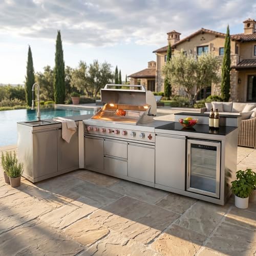 153'' 6-Burner 95500 BTU Propane Gas Outdoor Grill Island, 304 Stainless Steel, Sink + Double-Door Cabinet, Refrigerator, 3-Tier Corner Cabinet, For Backyard BBQ, Sliver - Image 6