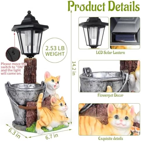 Solar Cat Outdoor Statues, Garden Sculptures with Flowerpot & Lantern - Image 3