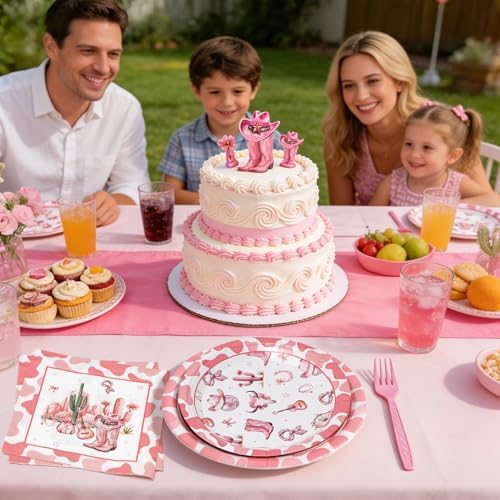 96Pcs Pink Western Cowgirl Paper Plates Napkins Set for 24 Guests - Image 5
