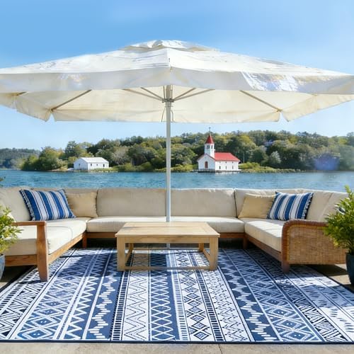 Outdoor Rug 9 x12 ft, Plastic Rug for Patio, Navy & White - Image 5
